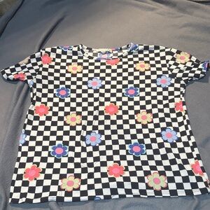 Dreamgirl Black and White Checkered Top with Floral Accents